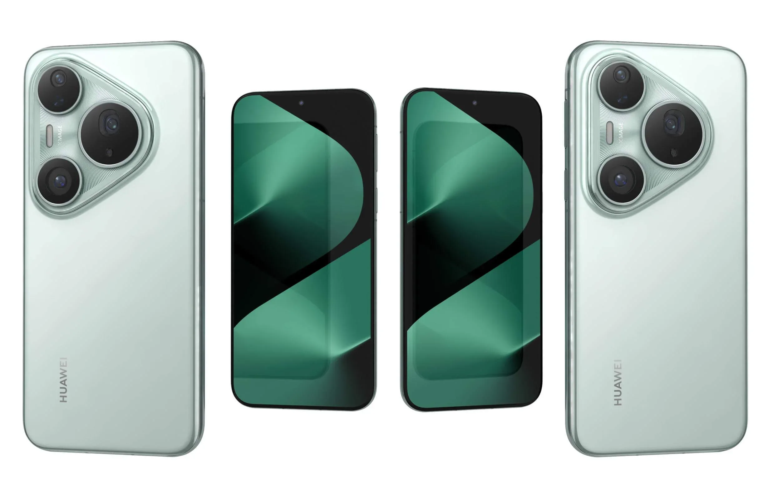Huawei Pura 80 Ultra'nın yeşil renk seçeneği, ön ve arka görünümü