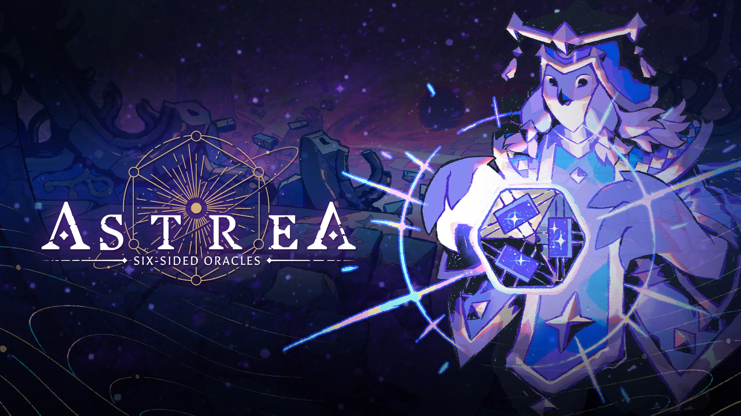 Astrea: Six-Sided Oracles resmî kapak görseli, kahin karakteri ve oyun logosu