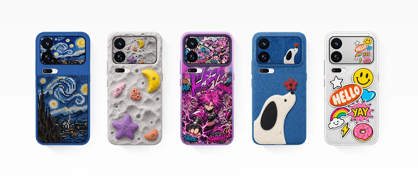 Beş farklı kılıf takılmış Xiaomi 18 telefonun arka ekranlarında kılıfın desenine uyan duvar kâğıtları