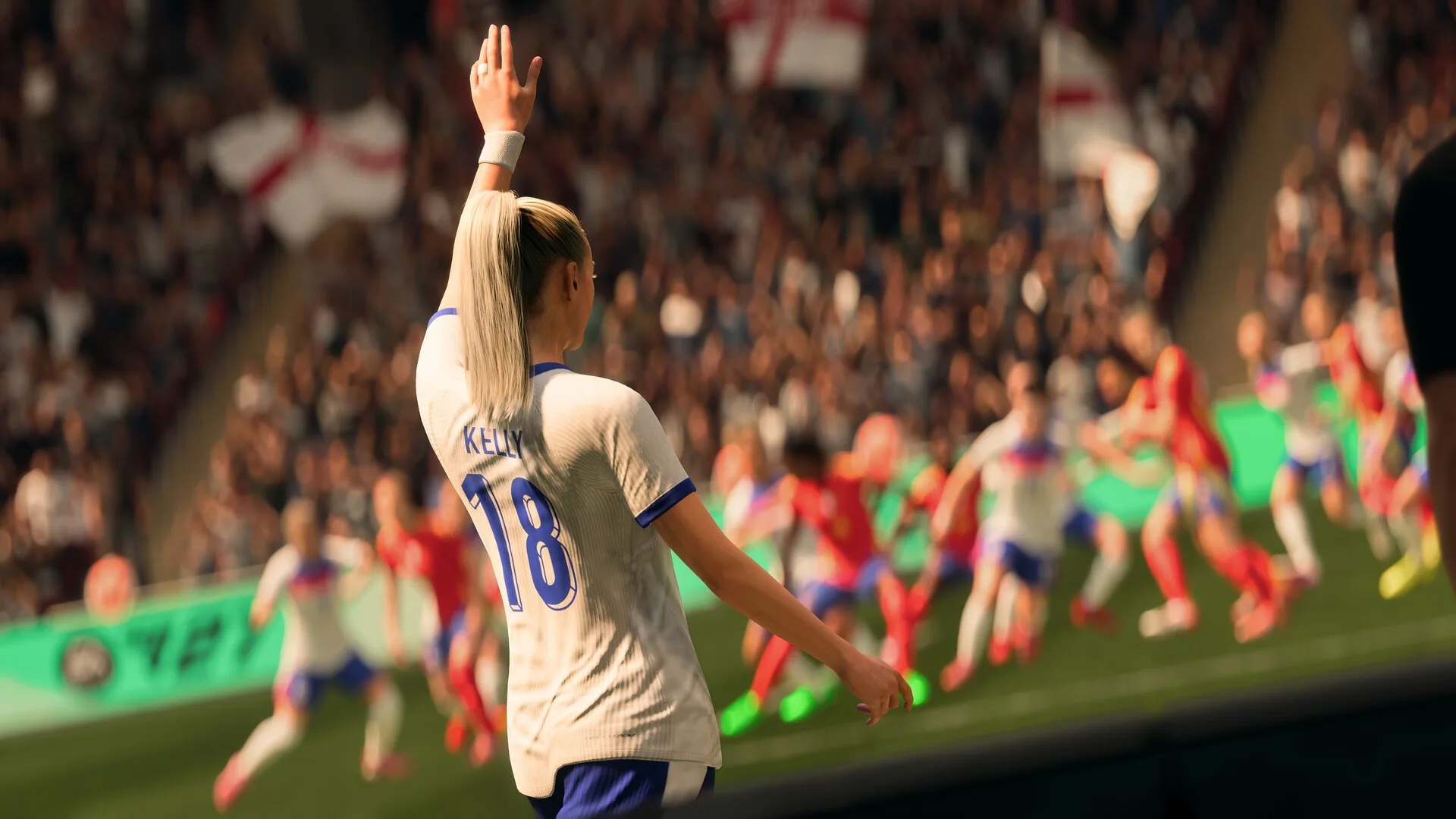 EA Sports FC 27'de bir kadın futbolcunun gol sonrası taraftarı selamladığı sahne