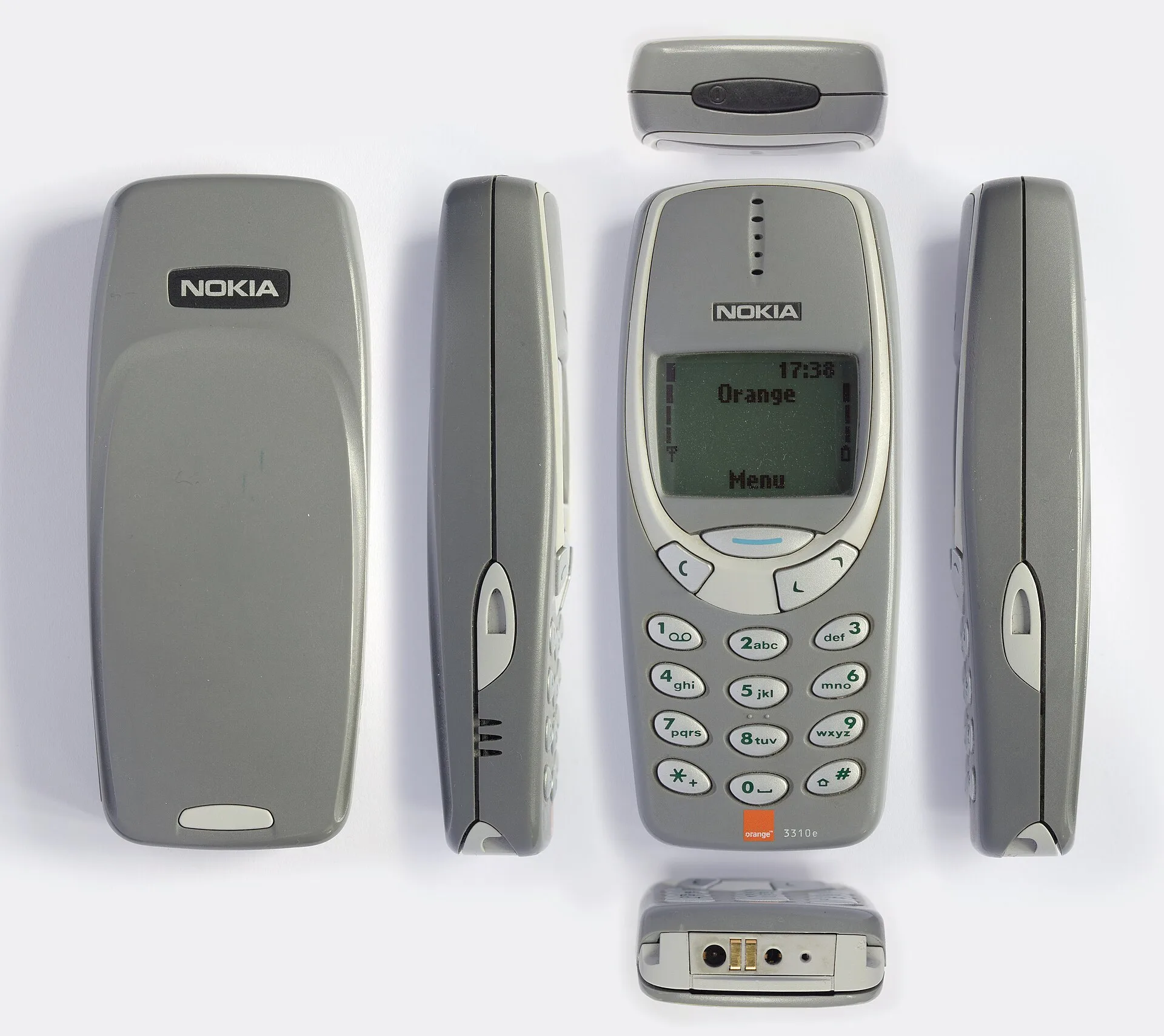 Gri Nokia 3310'un önden, arkadan, yandan, üstten ve alttan görünümleri