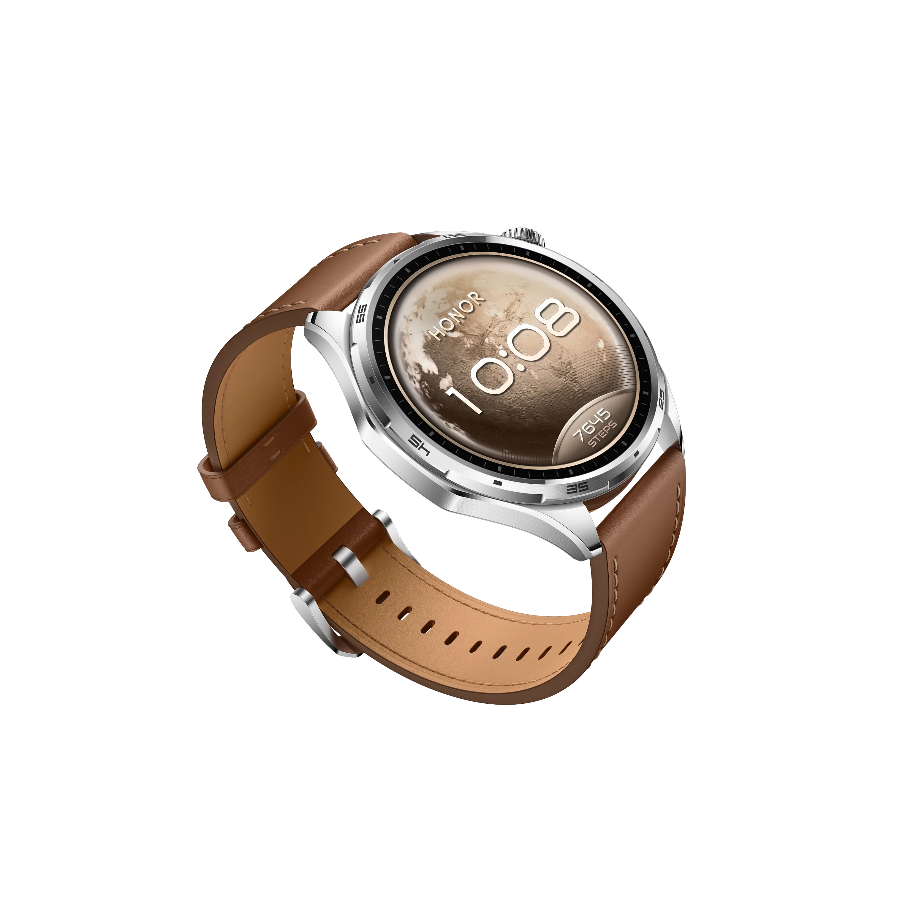 Honor Watch 6 Alacakaranlık Kahvesi renk seçeneği, deri kordonlu 316L paslanmaz çelik gövde