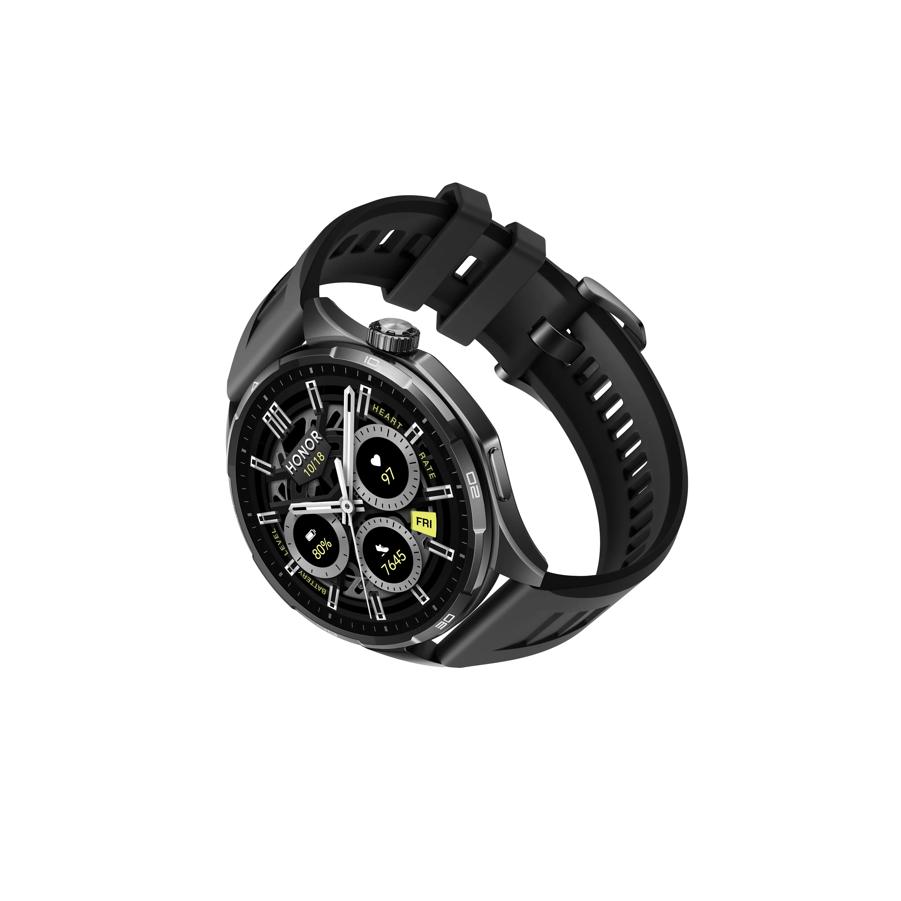 Honor Watch 6 Gölge Siyahı renk seçeneği, silikon kordonlu alüminyum alaşım gövde