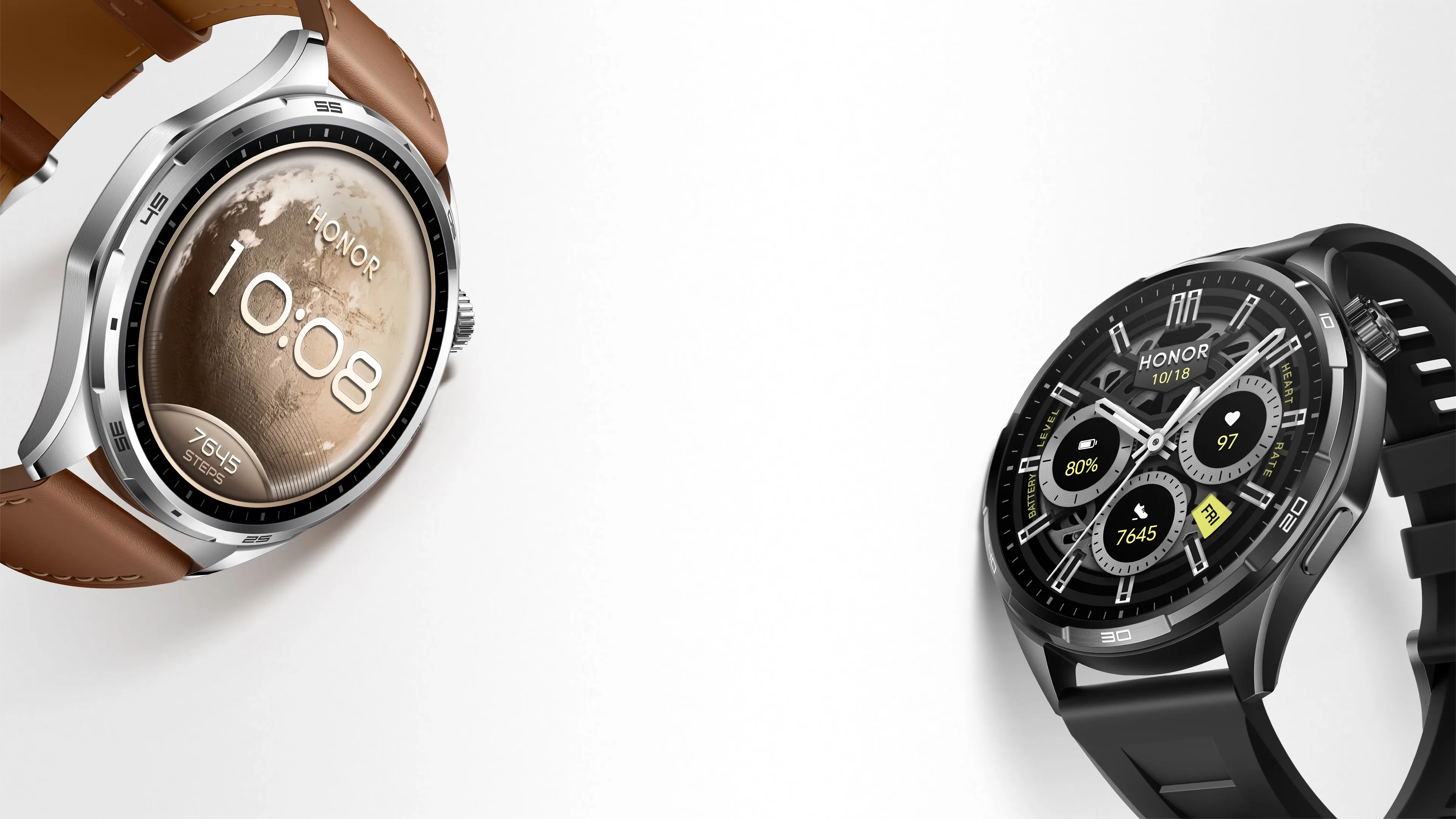 Honor Watch 6 resmî tanıtım görseli, Gölge Siyahı ve Alacakaranlık Kahvesi renk seçenekleri