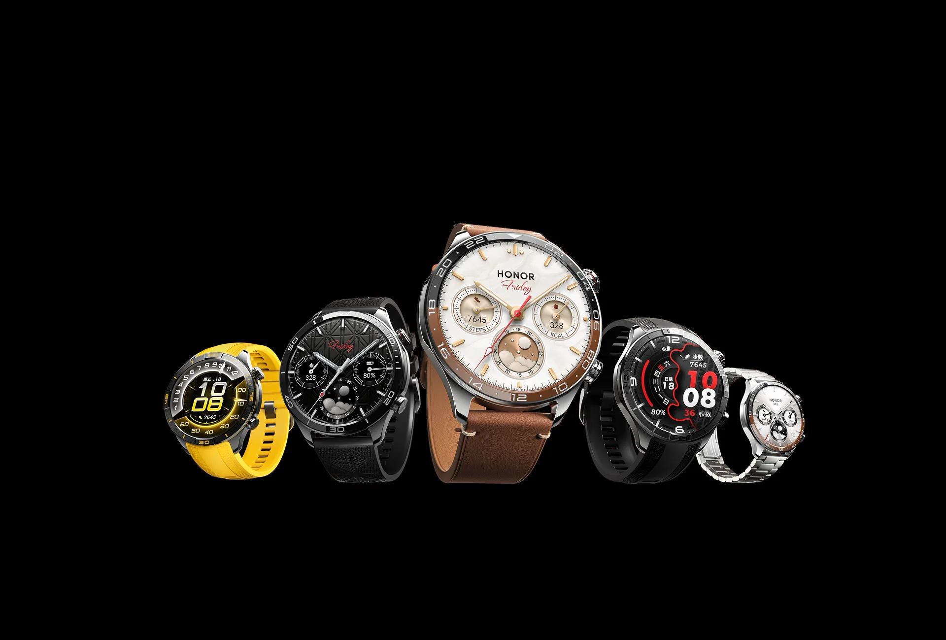Honor Watch 6 Pro'nun beş farklı renk ve kasa seçeneğinin yan yana görseli: sarı, siyah, kahverengi deri, siyah spor kayış ve gümüş çelik