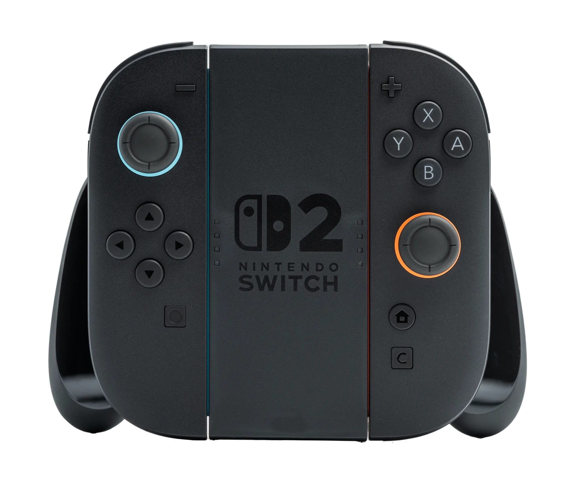 Joy-Con 2 kumandaları tutma aparatına takılmış hâlde önden görünüm