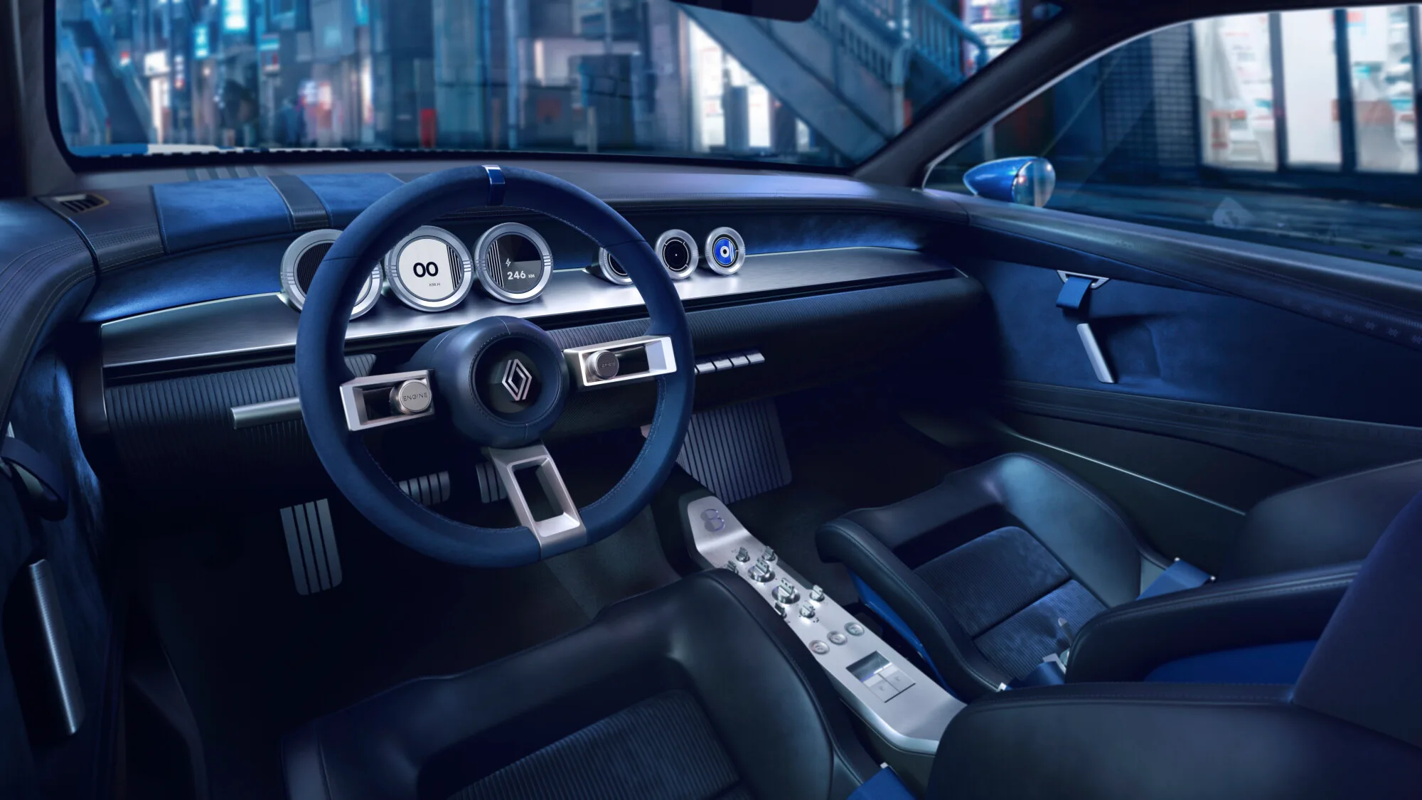 Renault 8 Gordini Concept iç mekanı, fırçalanmış alüminyum gösterge paneli ve yuvarlak dijital göstergeler