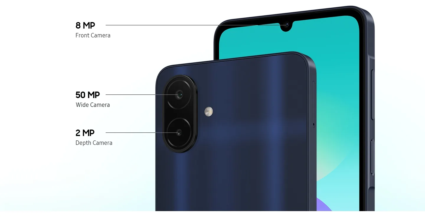 Samsung Galaxy A08'in kamera düzeni: 50 MP geniş açı, 2 MP derinlik ve 8 MP ön kamera