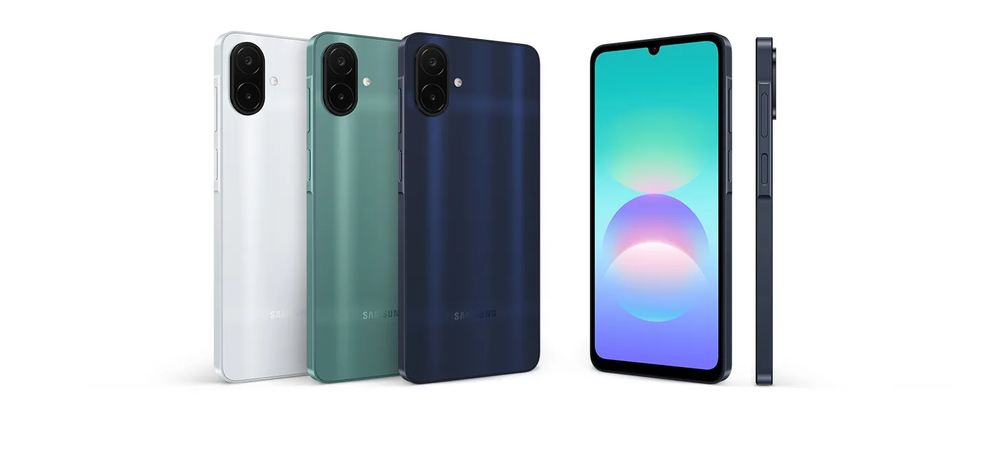 Samsung Galaxy A08'in Gümüş, Yeşil ve Lacivert renk seçenekleri
