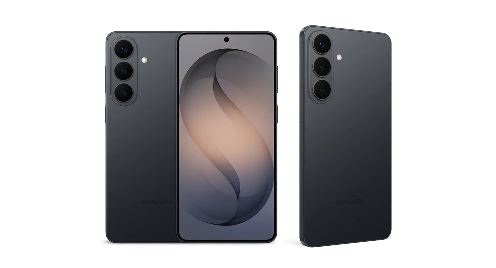 Samsung Galaxy S26+ modelinin siyah renkte önden ve arkadan resmî ürün görseli
