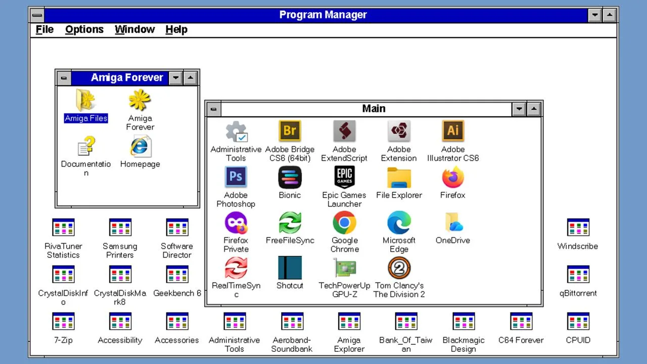 ReProgman adlı Windows 3.1 Program Manager klonunun modern bir bilgisayarda çalışan ekran görüntüsü