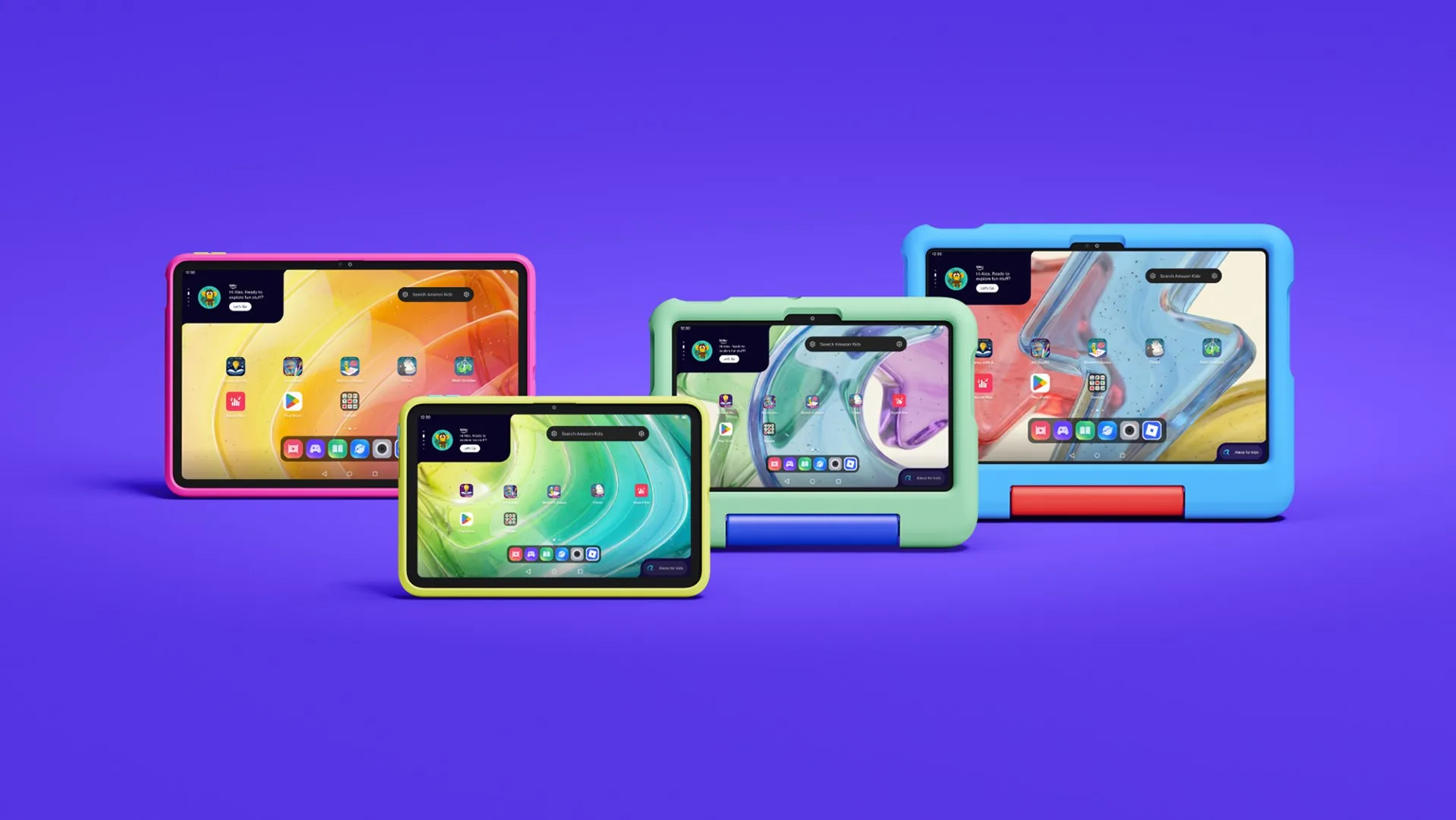 Mor fonda pembe, yeşil, mavi ve sarı koruyucu kılıflı dört Amazon çocuk tableti