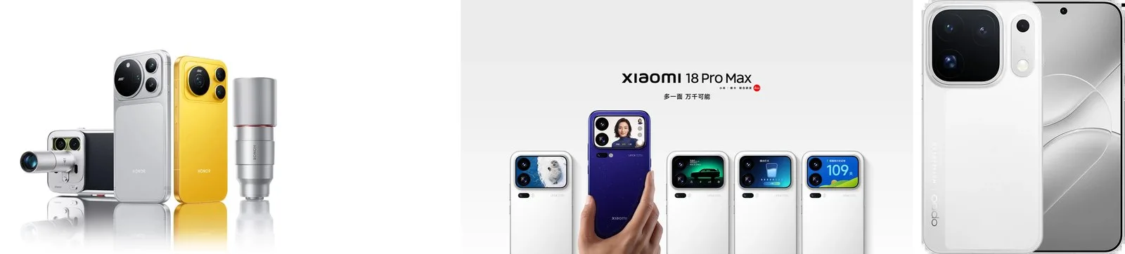 Soldan Honor Magic9 serisi telefonlar, Xiaomi 18 Pro Max renk seçenekleri ve beyaz OPPO Find X10 Pro Max