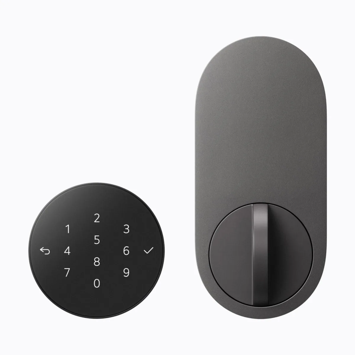 Grafit renkli LG Smart Deadbolt Lock: dışta yuvarlak şifre tuş takımı, içte oval kilit mekanizması