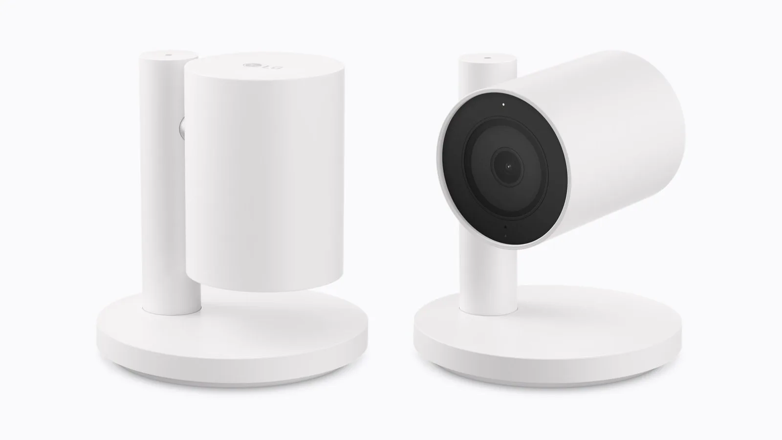 Beyaz LG Indoor Cam iç mekân kamerası iki konumda: lensi aşağı eğik ve yukarı kalkık