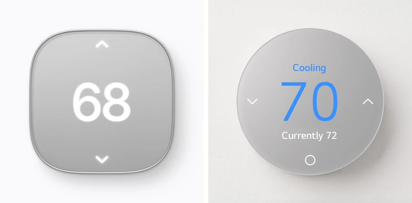 Solda kare biçimli Schneider Home Smart Thermostat, sağda yuvarlak LG Smart Thermostat
