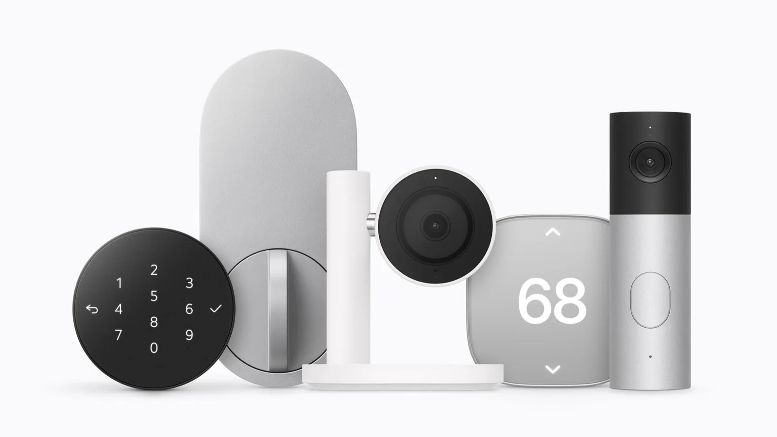 Apple Home Collection ürünleri: akıllı kilit, iç mekân kamerası, termostat ve görüntülü kapı zili