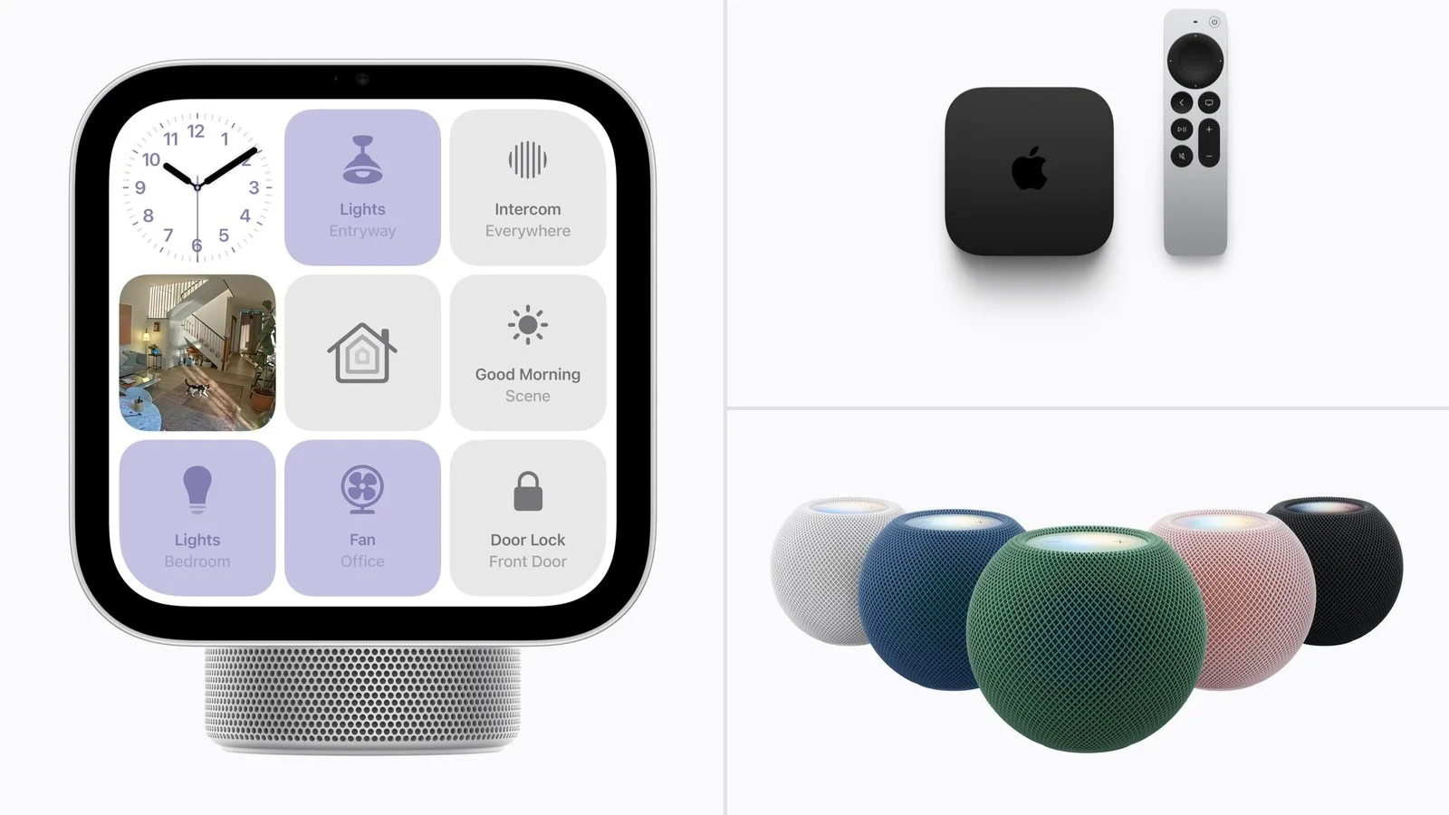 Apple HomeView akıllı ekranı, Apple TV 4K ile Siri Remote ve beş renkte HomePod mini 2