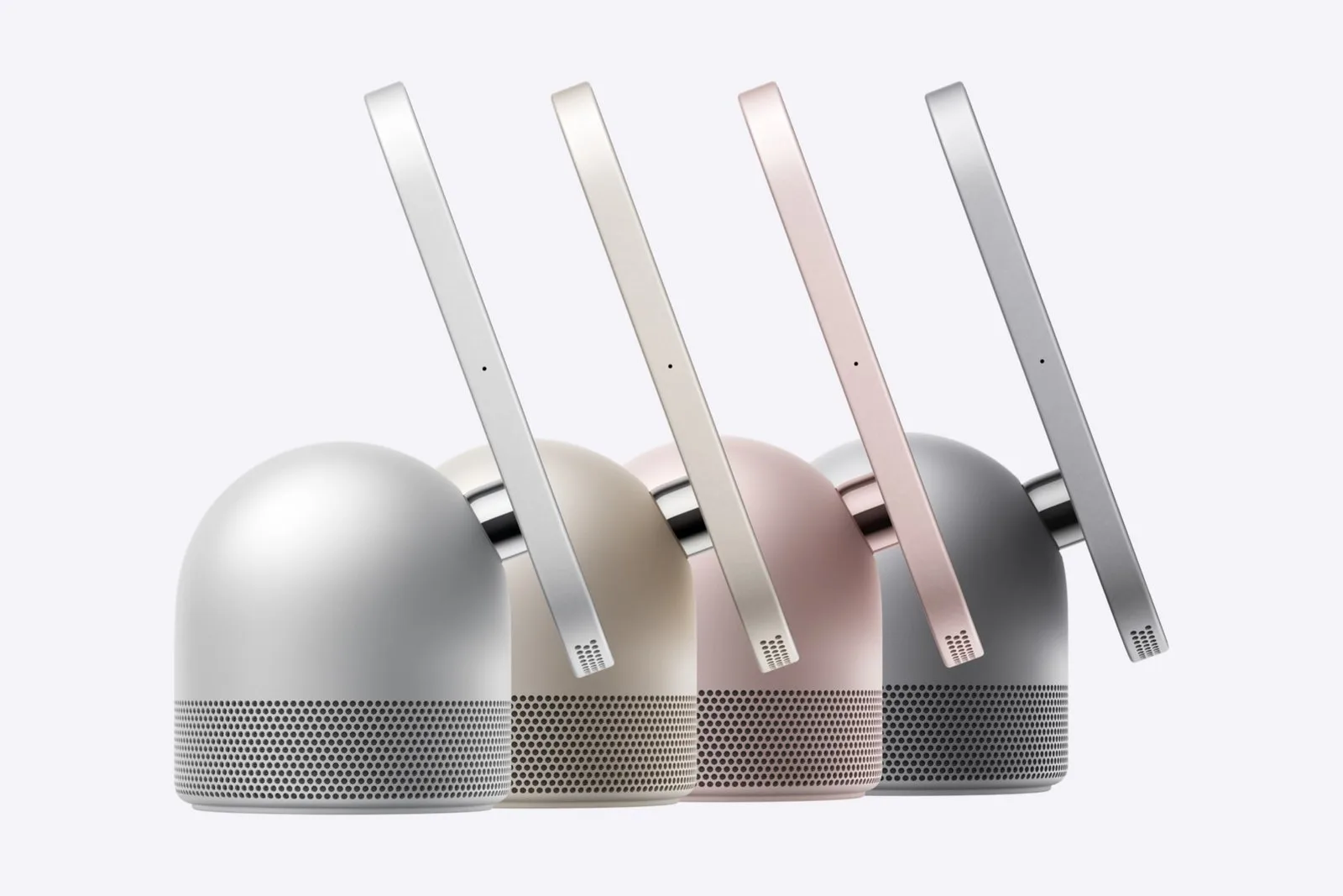Gümüş, yıldız ışığı, pembe ve uzay grisi renklerde dört Apple HomeView, ekranları eğik duruyor