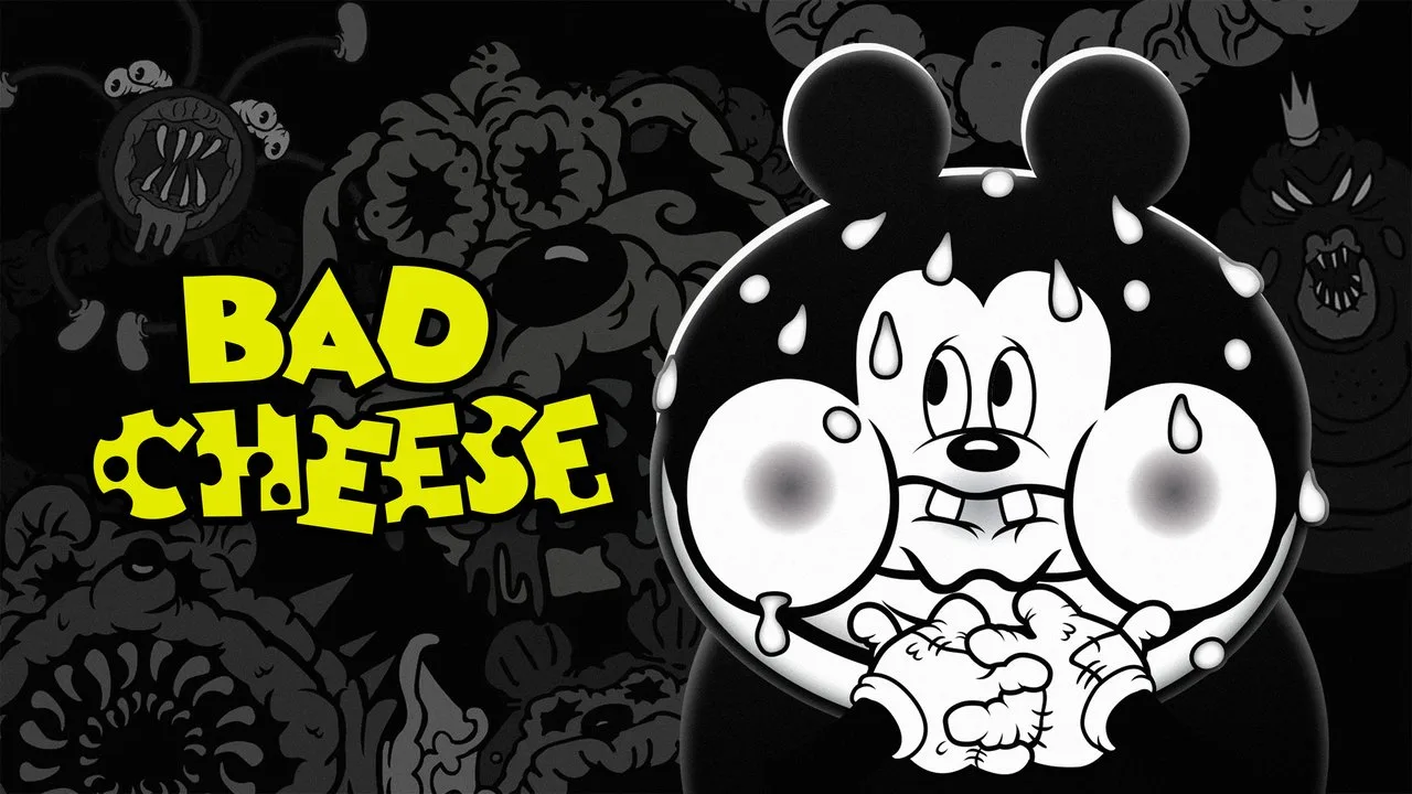 Bad Cheese kapak görseli: siyah beyaz 1920'ler çizgi film tarzında korkmuş fare karakteri