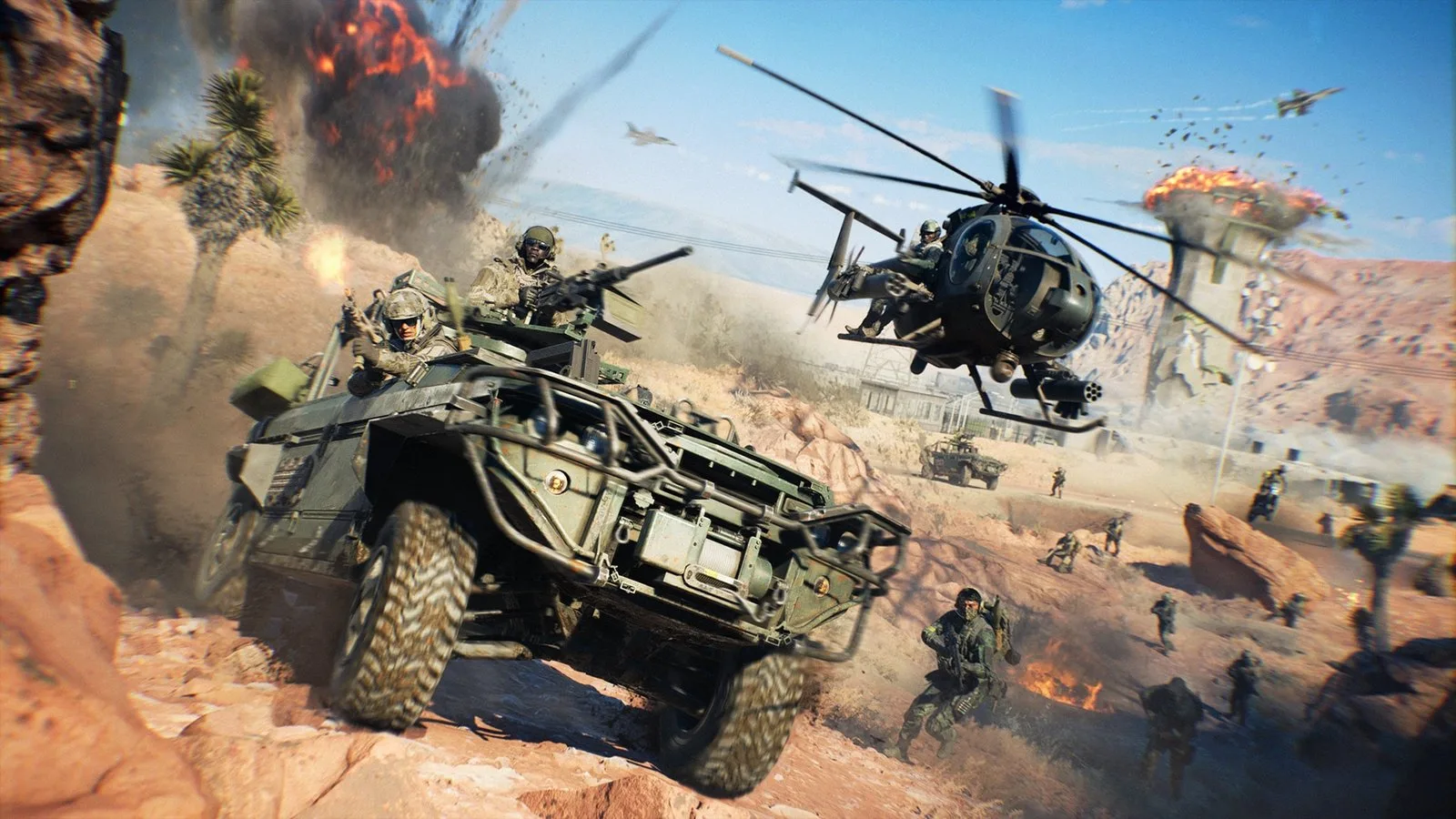 Battlefield 6 Area 51 haritasında çölde ilerleyen zırhlı araç ve helikopterler