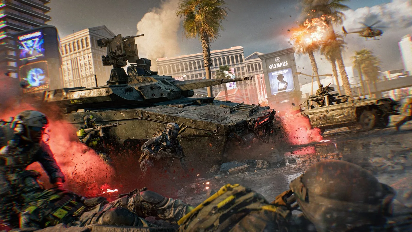 Battlefield 6 Vegas Strip haritasında zırhlı araçlar ve askerler, arkada kumarhane binaları ve palmiyeler