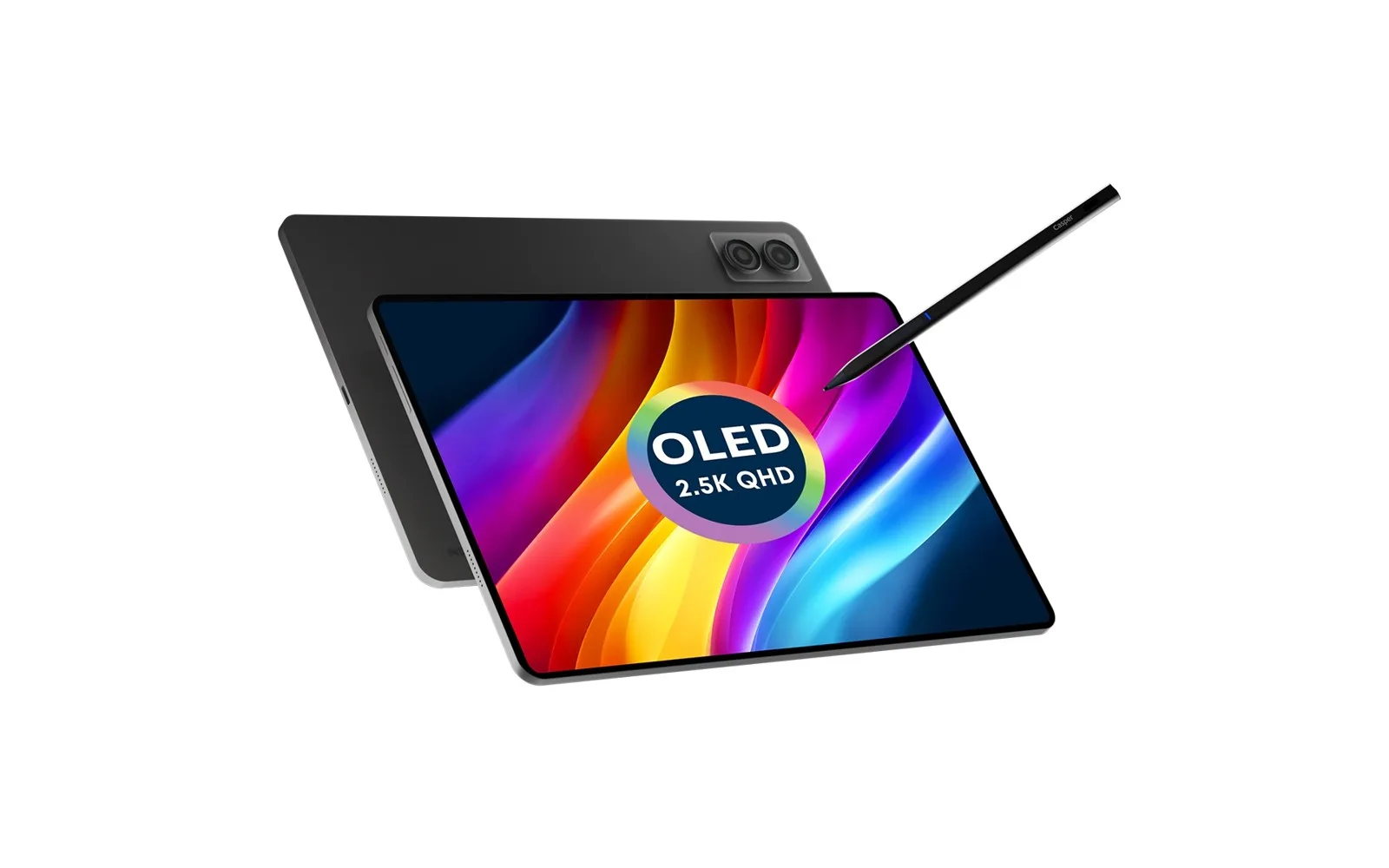 Casper Pad H10 tabletin ekranı ve arka yüzü; ekranda renkli duvar kâğıdı ve OLED 2.5K QHD rozeti, yanında kalem