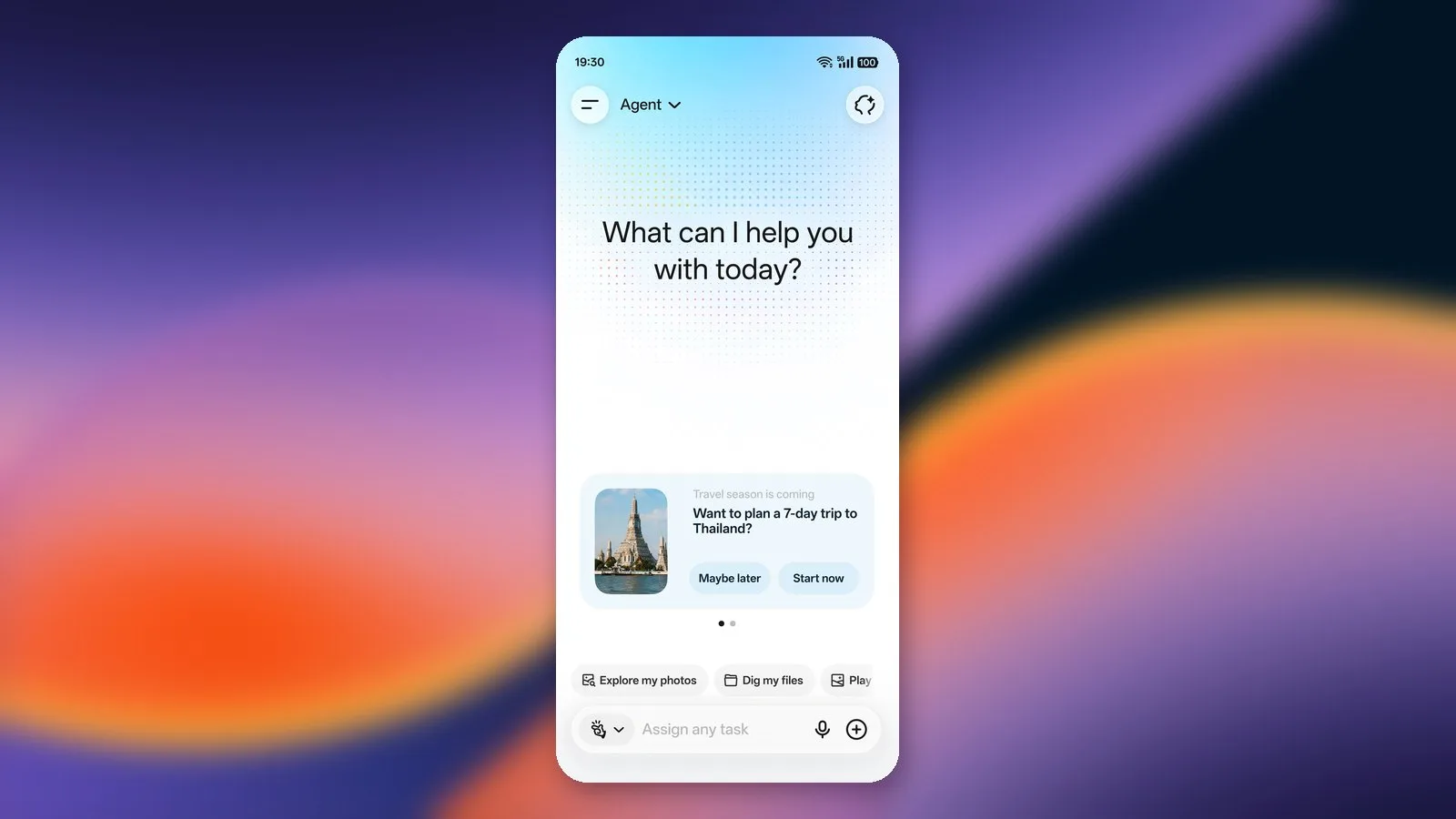 ColorOS 17'de AI Mind Pilot Agent Mode ekranı: görev giriş kutusu ve 7 günlük Tayland gezisi planlama önerisi