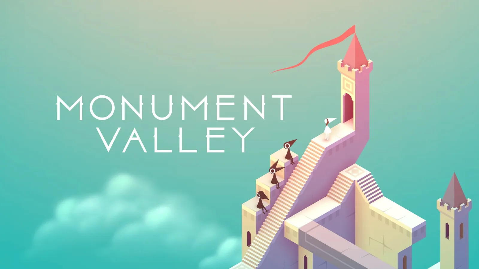 Monument Valley bulmaca oyununun Epic Games Store görseli: turkuaz zeminde kule ve oyun logosu