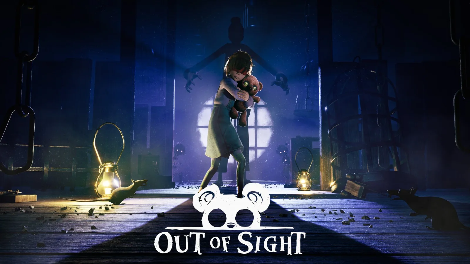 Out of Sight korku oyununun Epic Games Store görseli: karanlık bir odada oyuncak ayı tutan çocuk ve oyun logosu
