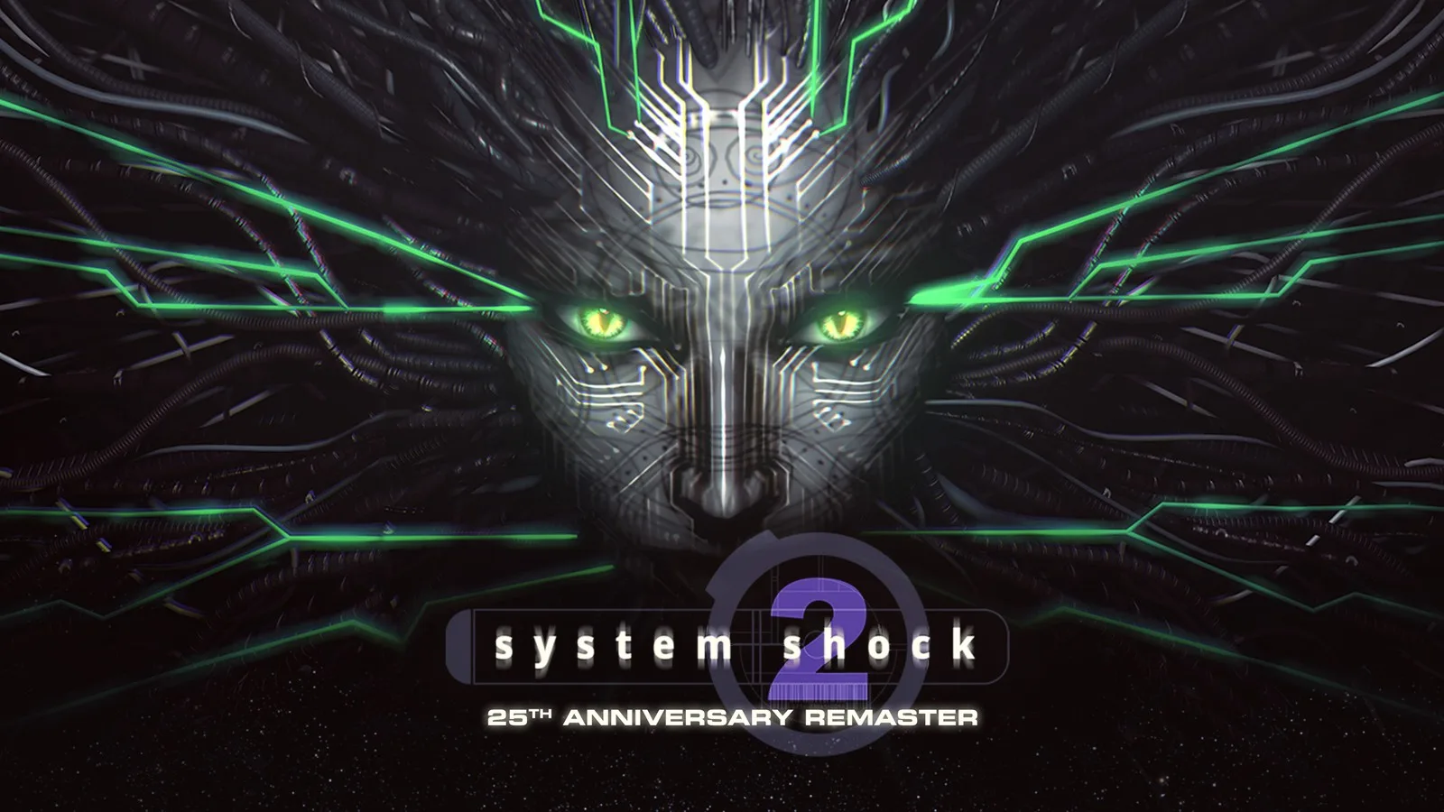 System Shock 2 25th Anniversary Remaster Epic Games Store görseli: yeşil gözlü yapay zekâ yüzü ve oyun logosu