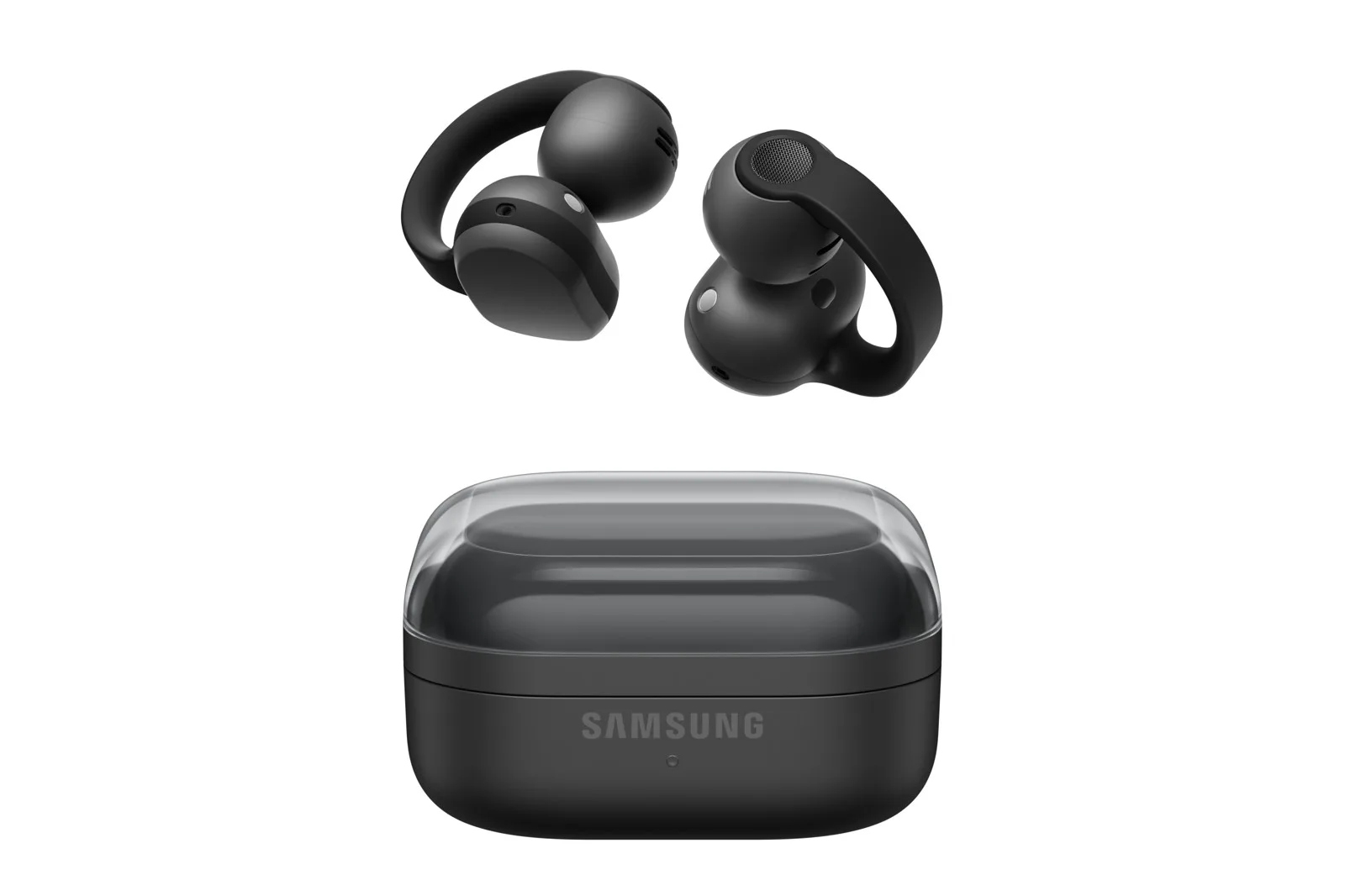 Samsung Galaxy Buds On kulaklıkları ve altlarında SAMSUNG yazılı kapalı şarj kutusu