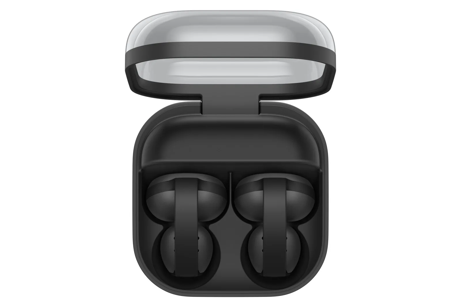 Samsung Galaxy Buds On şarj kutusunun açık hâli ve içindeki siyah klips tipi kulaklıklar