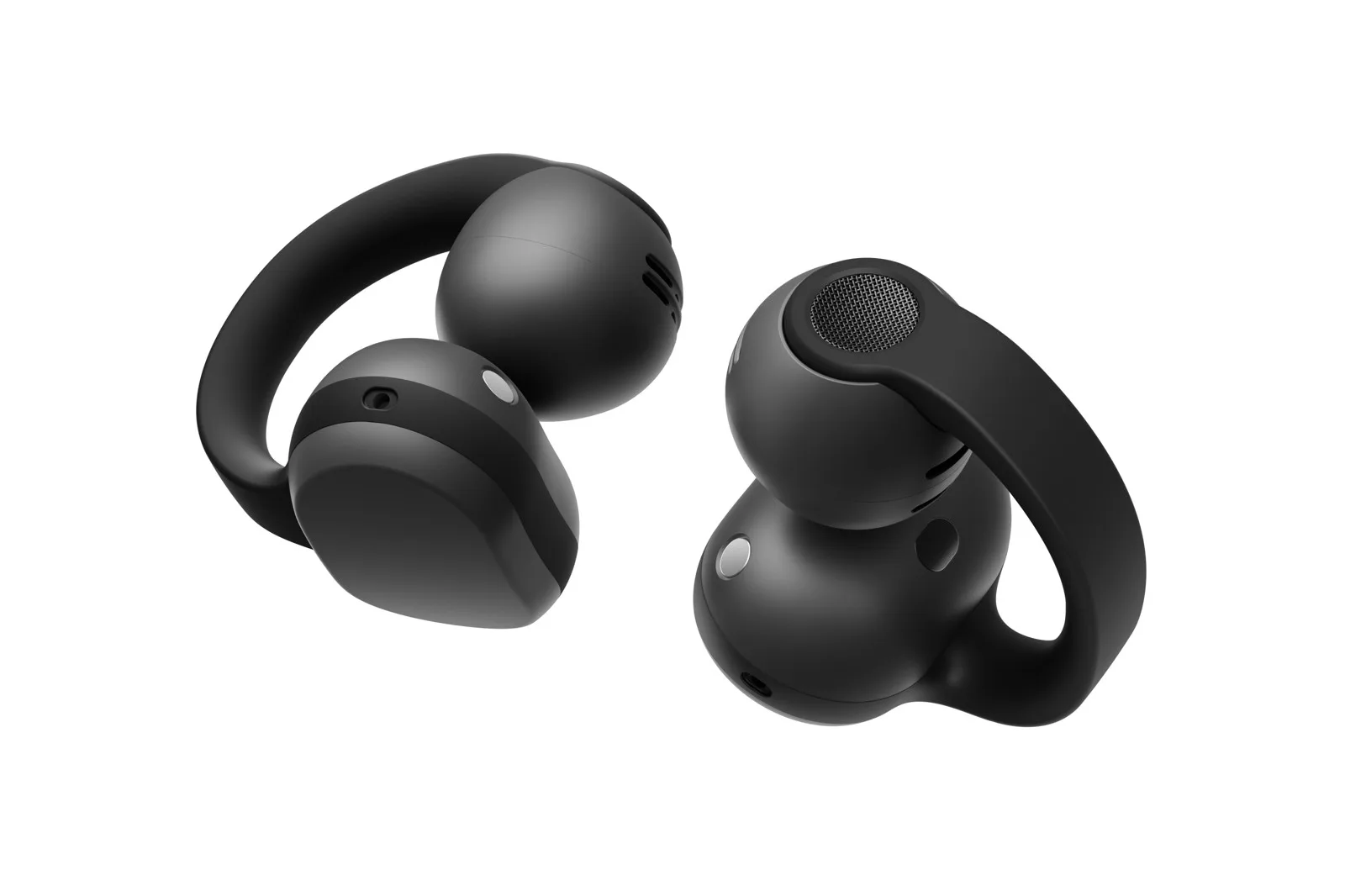 Samsung Galaxy Buds On siyah klips tipi açık kulaklığın iki parçası beyaz zeminde