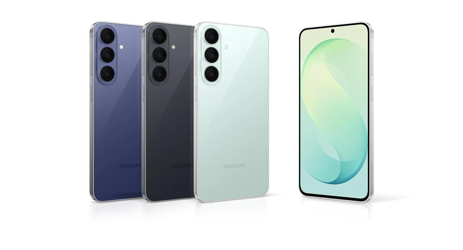 Lacivert, siyah ve açık yeşil Samsung Galaxy S26 FE'lerin arka yüzleri ve yanında ön ekranı