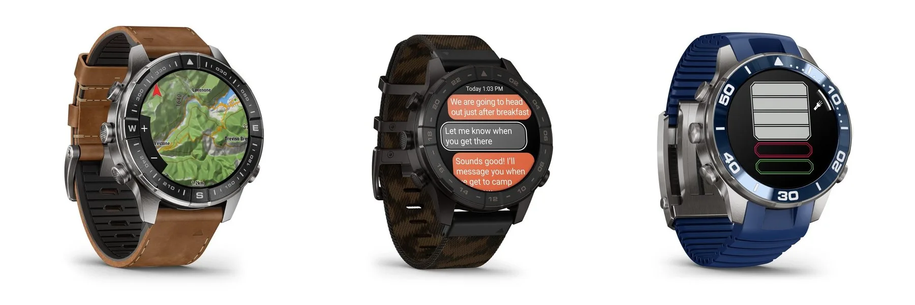Garmin MARQ 3 Adventurer harita ekranı, Commander mesajlaşma ekranı ve Diver el feneri ekranıyla