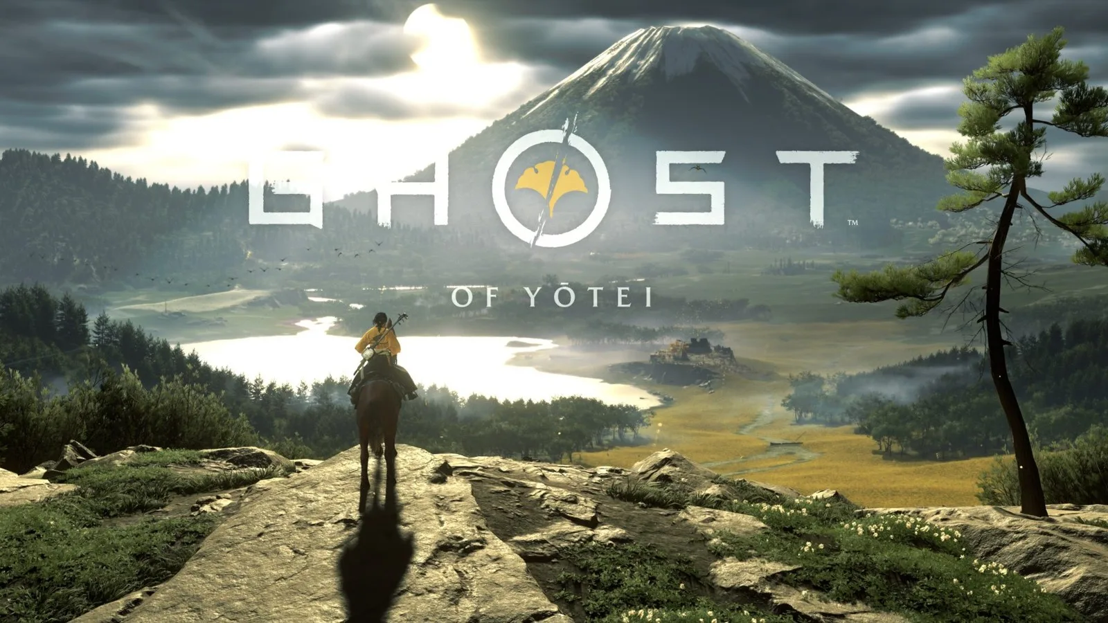 Ghost of Yōtei oyununun tanıtım görseli: Yōtei Dağı manzarasında atıyla bakan Atsu ve oyun logosu