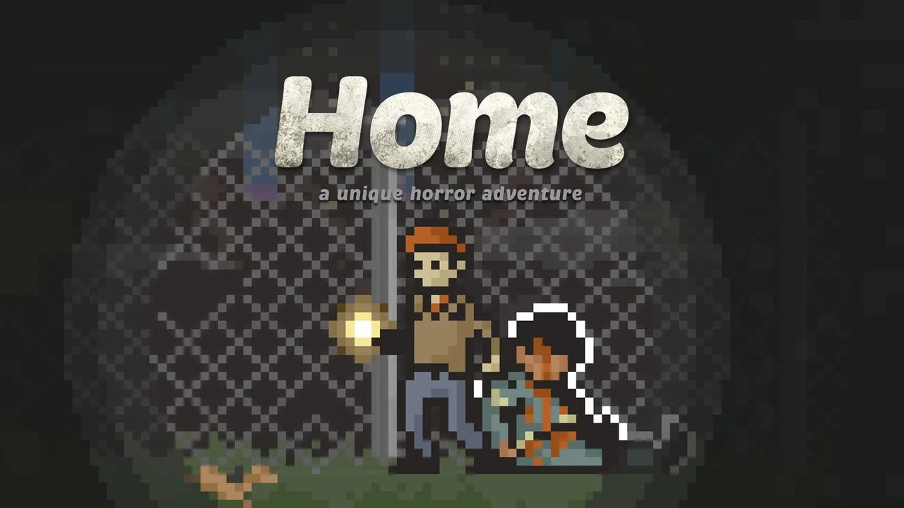 Home - A Unique Horror Adventure kapak görseli: piksel grafiklerle fenerli bir karakter