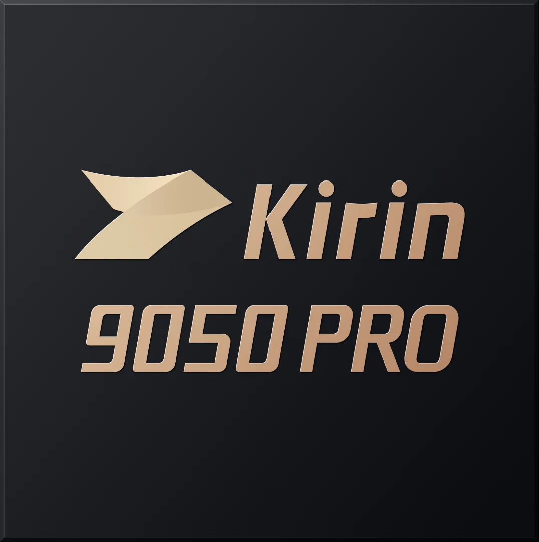Huawei Kirin 9050 Pro işlemci logosu, siyah zemin üzerinde altın renkli yazı
