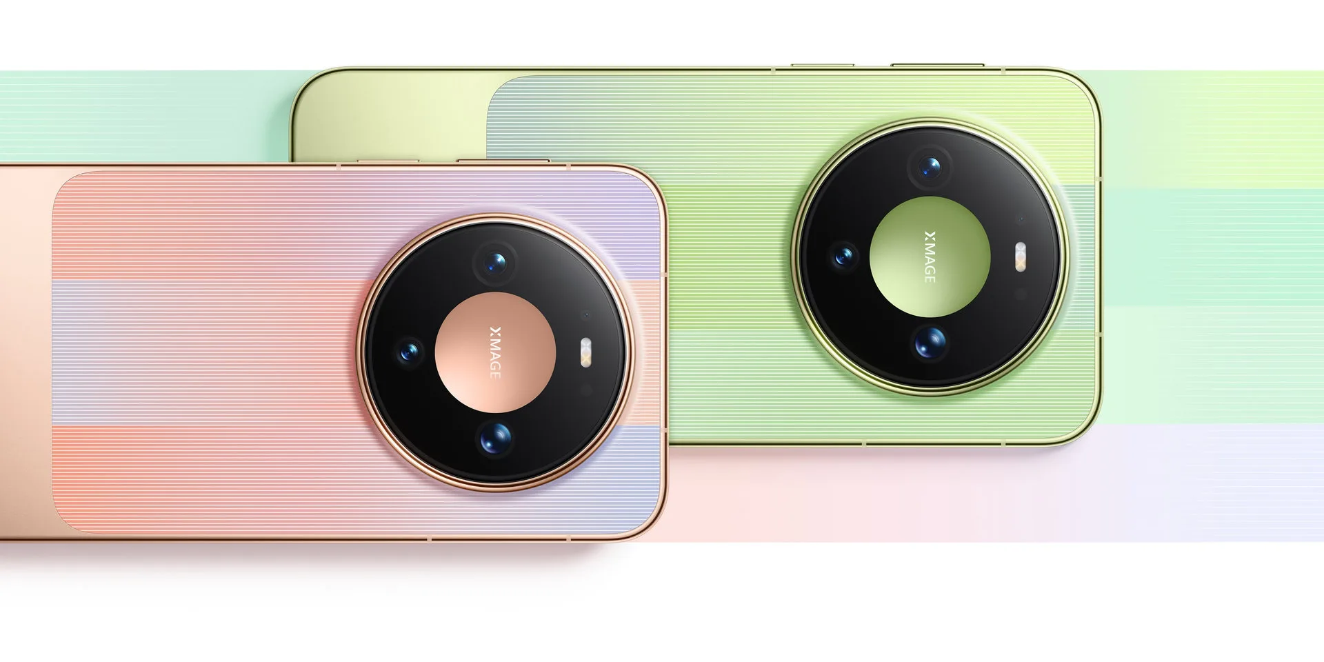 Huawei Mate 90 standart modelinin pembe ve yeşil renk seçenekleri yan yana