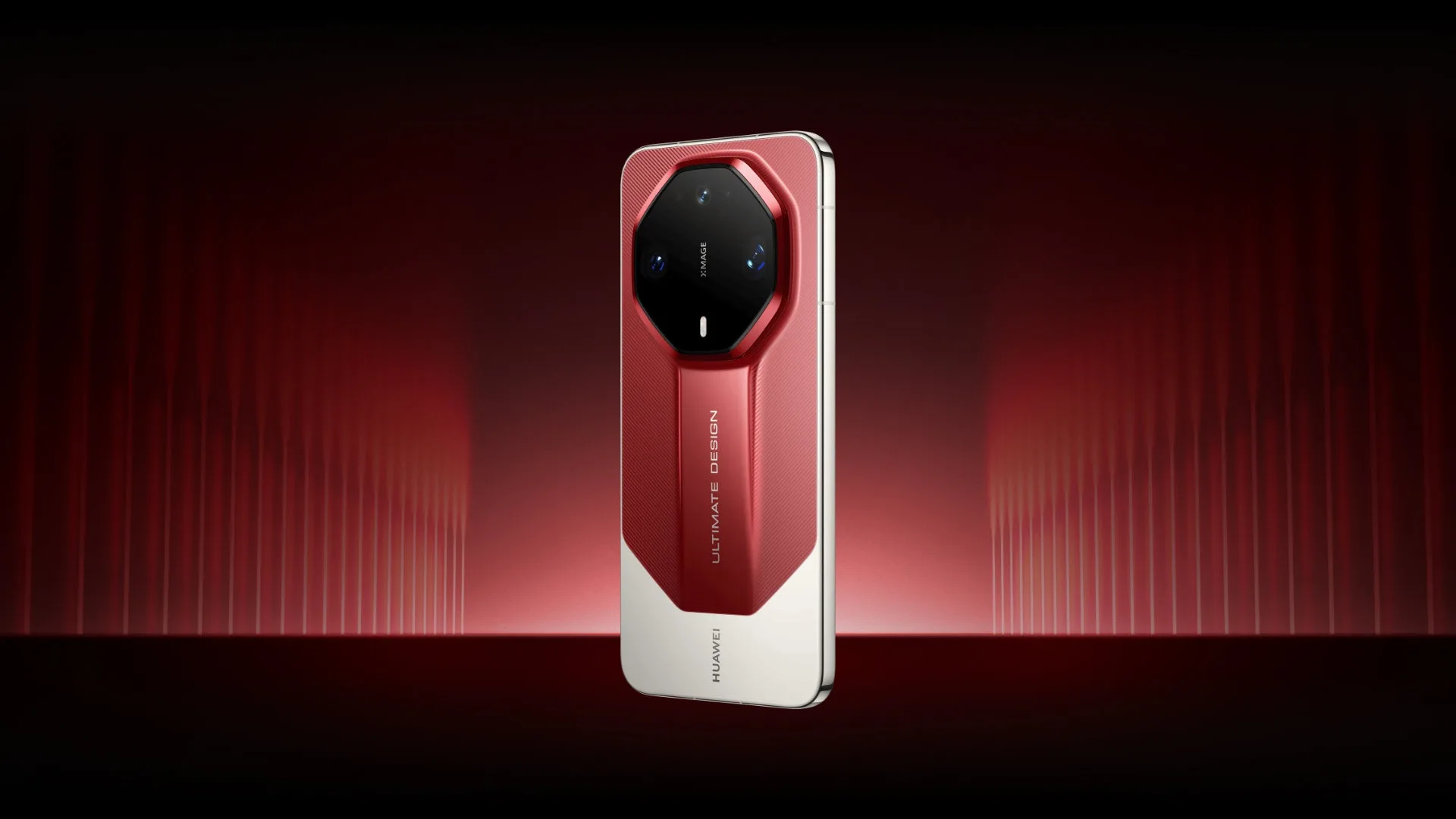 Huawei Mate 90 RS Ultimate Design kırmızı ve beyaz iki tonlu arka tasarımı ve sekizgen kamera adası