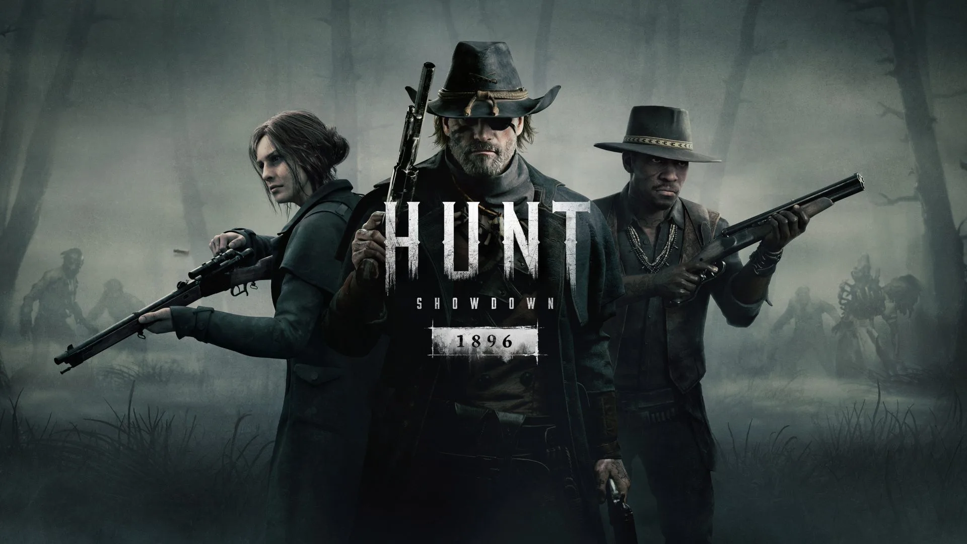 Hunt Showdown 1896 oyunundan karanlık bataklık atmosferinde avcıların yer aldığı resmî görsel