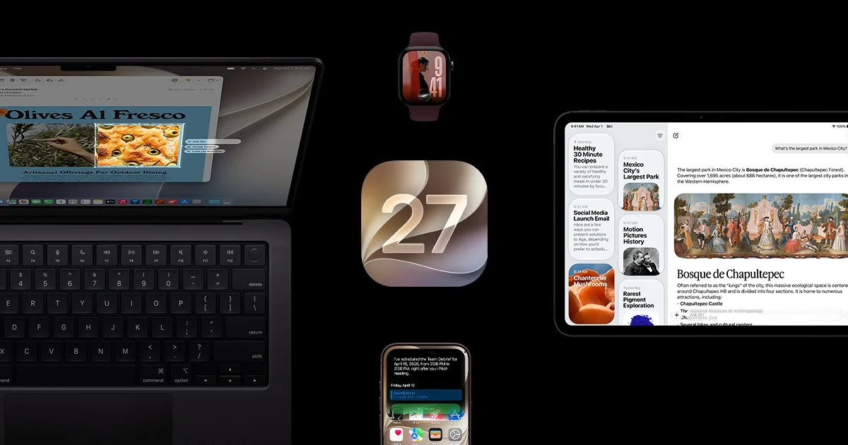 iOS 27 logosu ortada, çevresinde MacBook, Apple Watch, iPad ve iPhone ekranları siyah zemin üzerinde