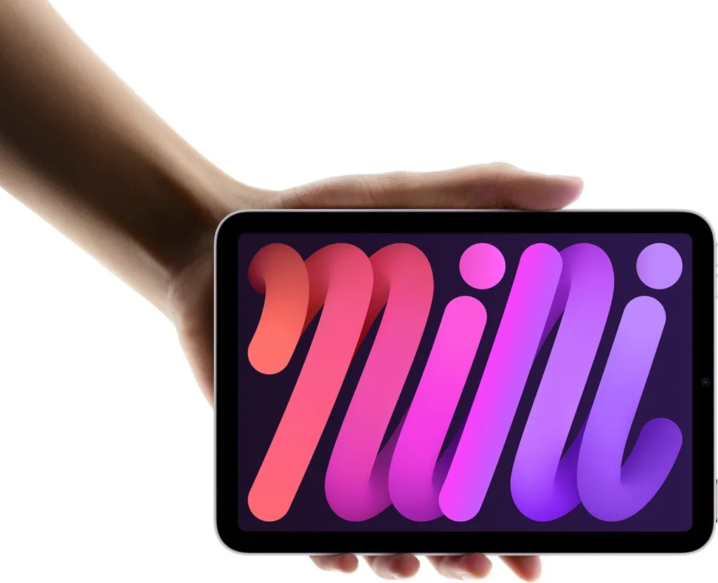 Elde tutulan Apple iPad mini; ekranda renkli büyük 'mini' yazısı
