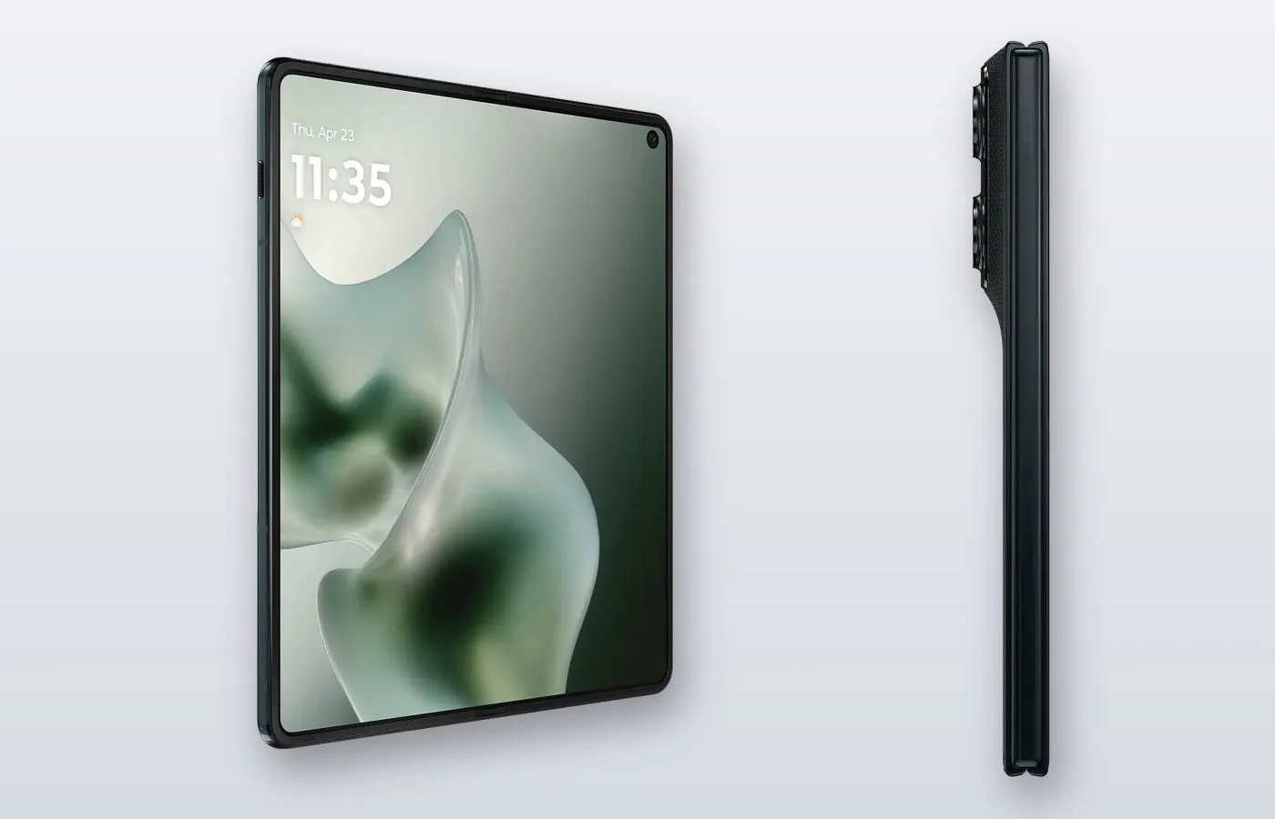 Motorola Razr Fold açık hâlde önden ve yandan: yan profilde 4,55 mm ince gövde