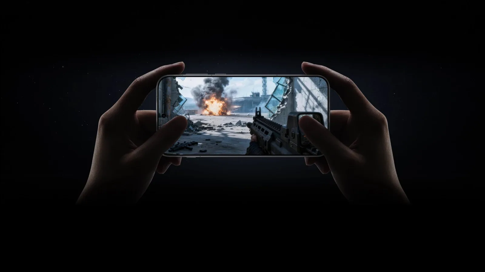 İki elle yatay tutulan OnePlus 16'da oynanan bir aksiyon oyunu, karanlık arka plan