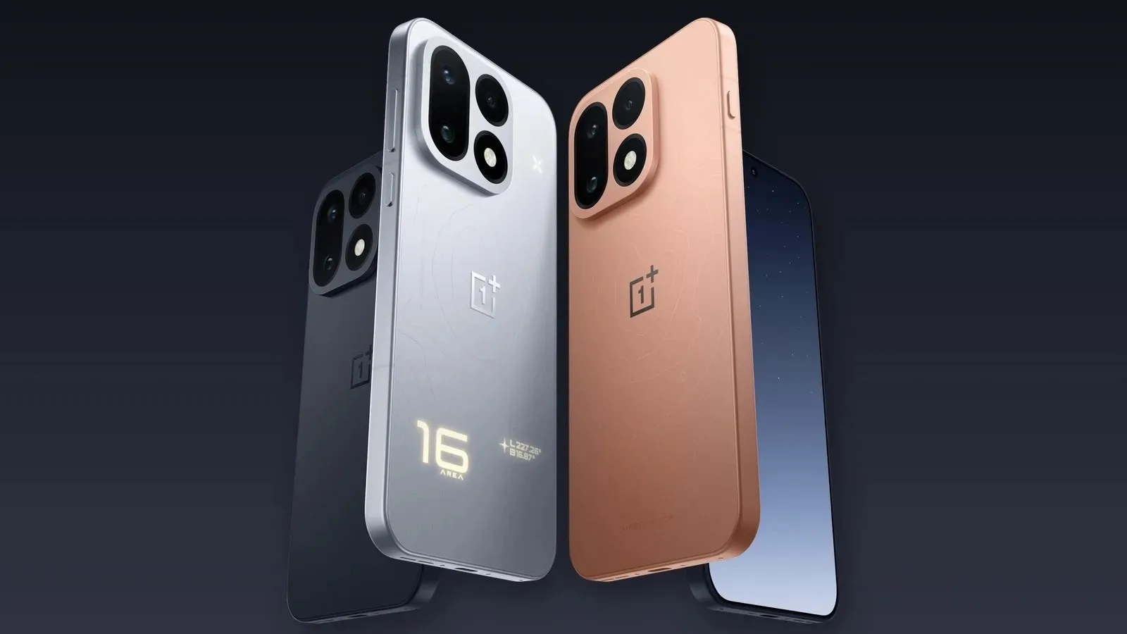 OnePlus 16'nın koyu, gümüş ve turuncu renk seçenekleri