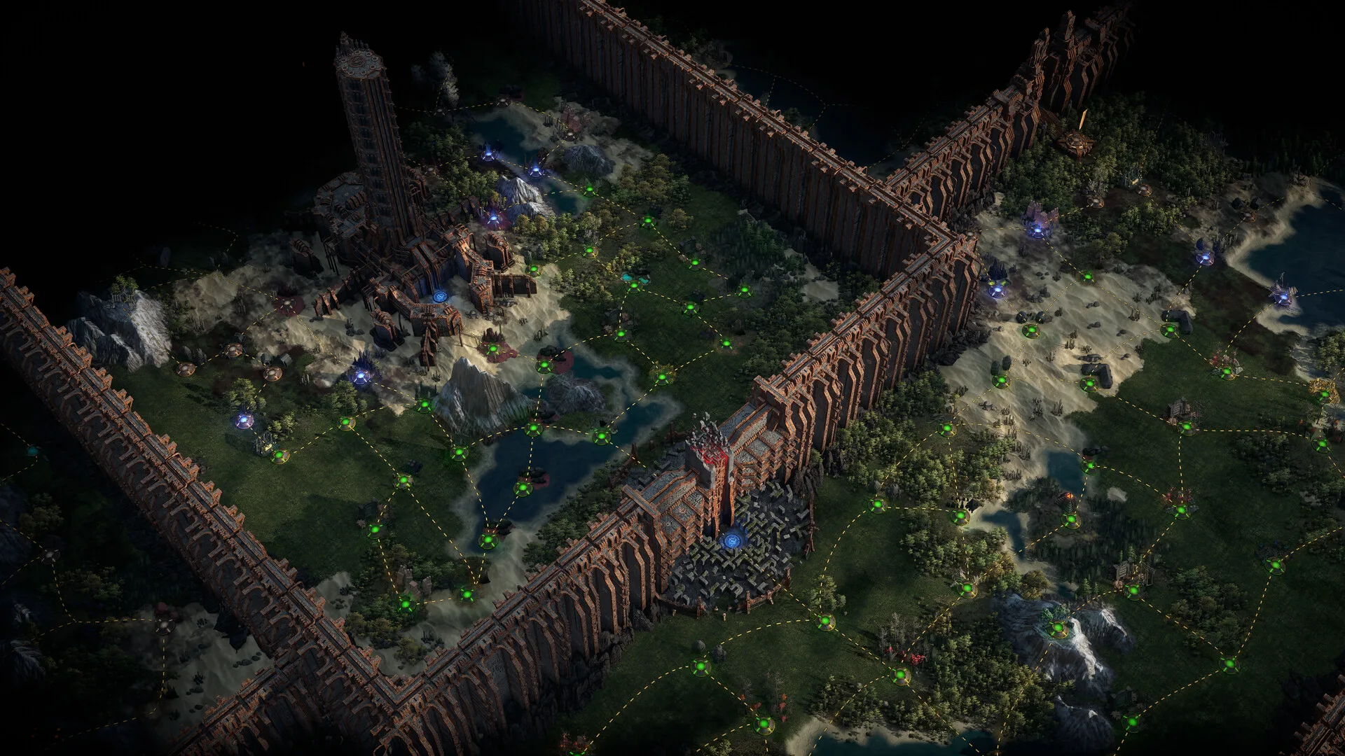 Path of Exile 2 Atlas of Worlds haritası; surlarla çevrili bölgeler ve yeşil bağlantı noktaları