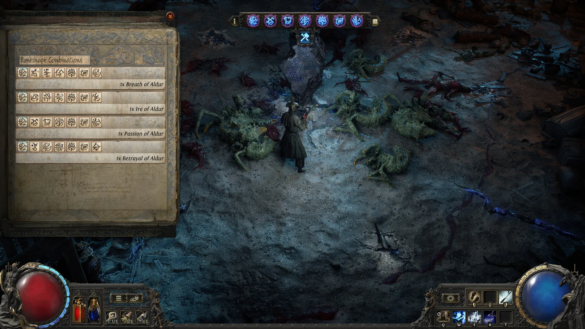 Path of Exile 2'de Runeshape Combinations kitabı ve bir karakterin örümcek benzeri yaratıklarla çevrili halde savaşı