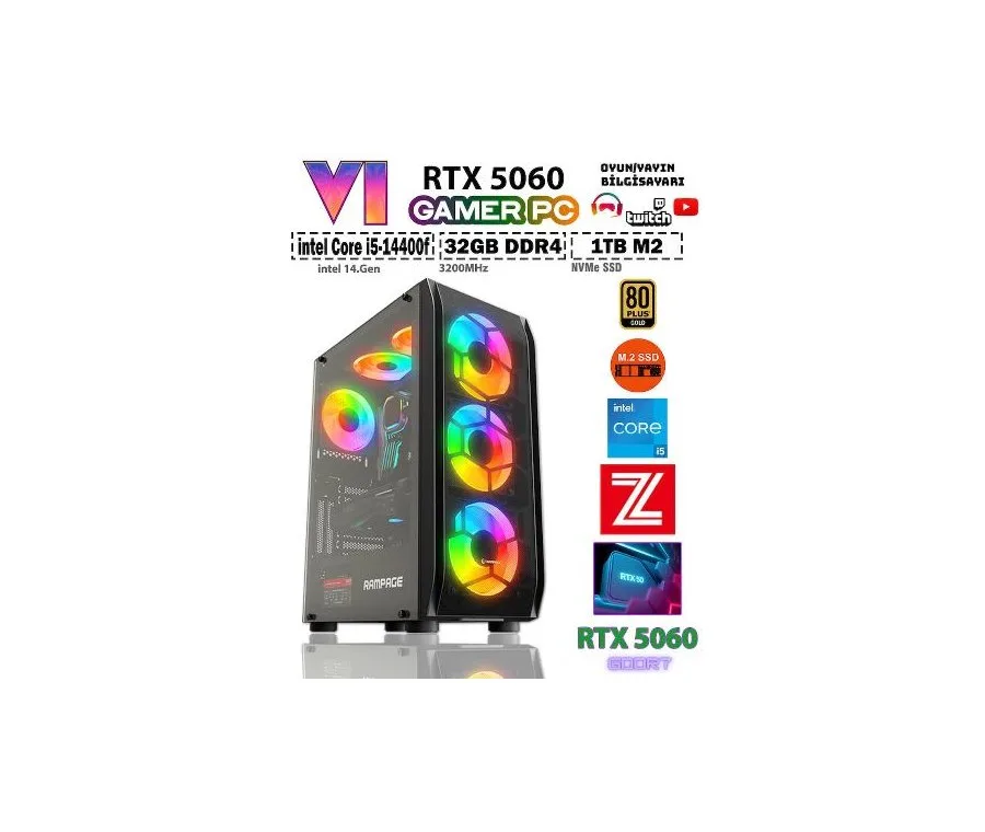 Zeiron GTA-VI X4 oyuncu bilgisayarı: RGB fanlı siyah kasa, RTX 5060 ve Core i5-14400F etiketleri